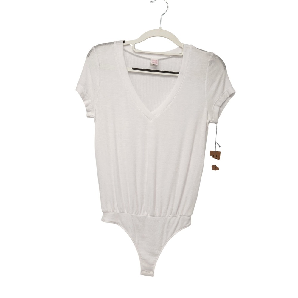 NWT Only Hearts Feather Weight Rib V-Neck Bodysuit White Cap Sleeve Women's S
